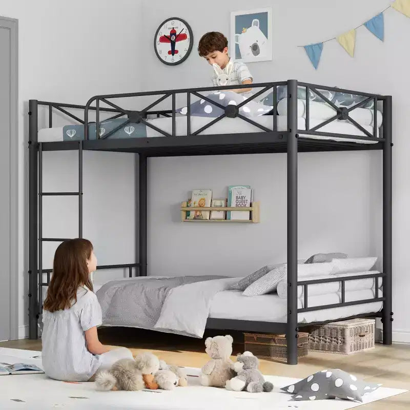 Metal Bunk Bed with Floral Design, Twin Over Twin Bunkbed with Safety Guardrail & Quiet Stability, Space-Saver for Kids Rooms