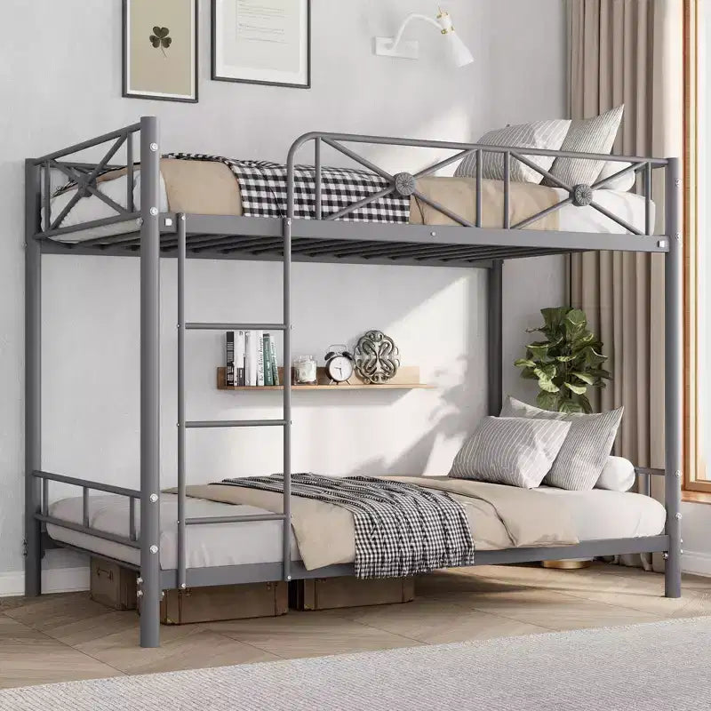 Metal Bunk Bed with Floral Design, Twin Over Twin Bunkbed with Safety Guardrail & Quiet Stability, Space-Saver for Kids Rooms