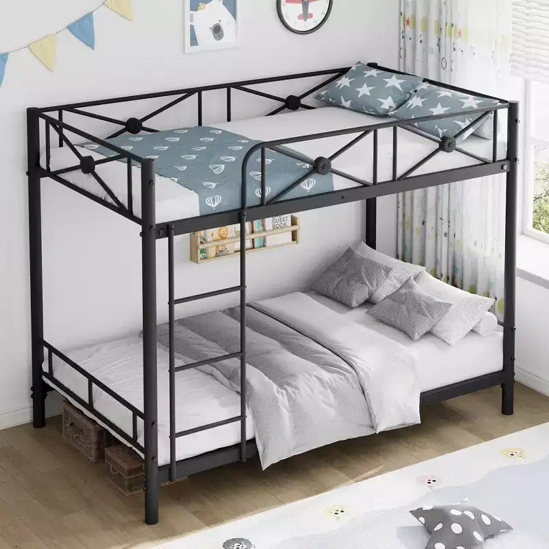 Metal Bunk Bed with Floral Design, Twin Over Twin Bunkbed with Safety Guardrail & Quiet Stability, Space-Saver for Kids Rooms