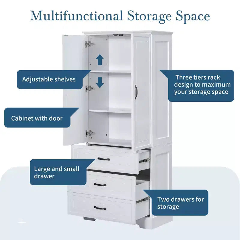 GDFStudio Clara Modern Wood Tall Bathroom Storage Cabinet with Double Doors, Adjustable Shelf and 2 Drawers