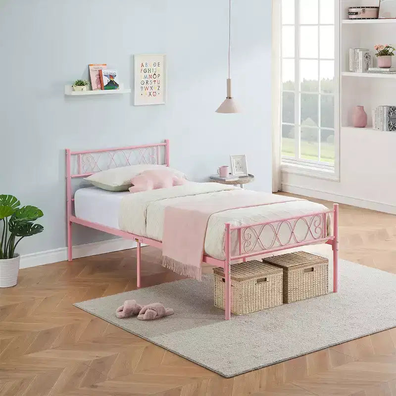 Metal Twin Size Bed Frame, Platform Bed Frame, Mattress Foundation with Headboard & Footboard, NO Box Spring Needed, Easy Assembly, Pink