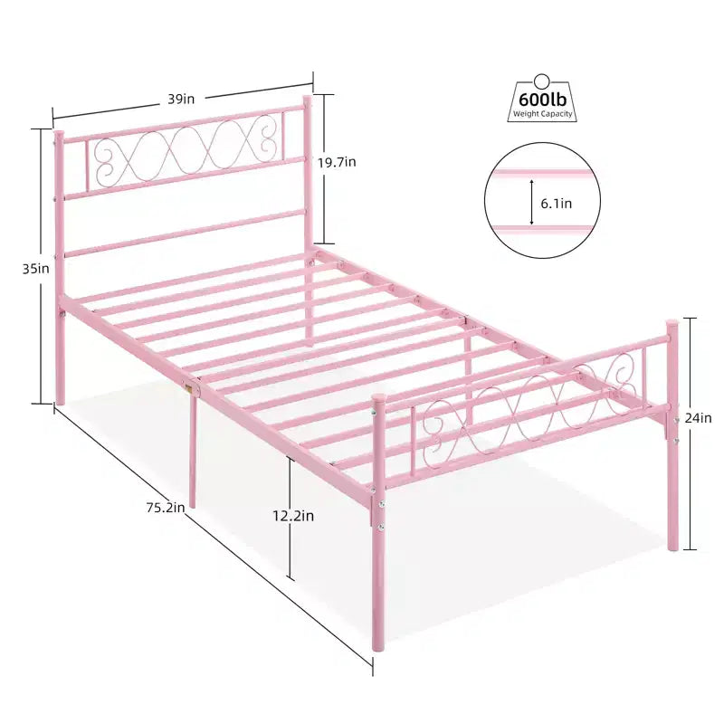 Metal Twin Size Bed Frame, Platform Bed Frame, Mattress Foundation with Headboard & Footboard, NO Box Spring Needed, Easy Assembly, Pink