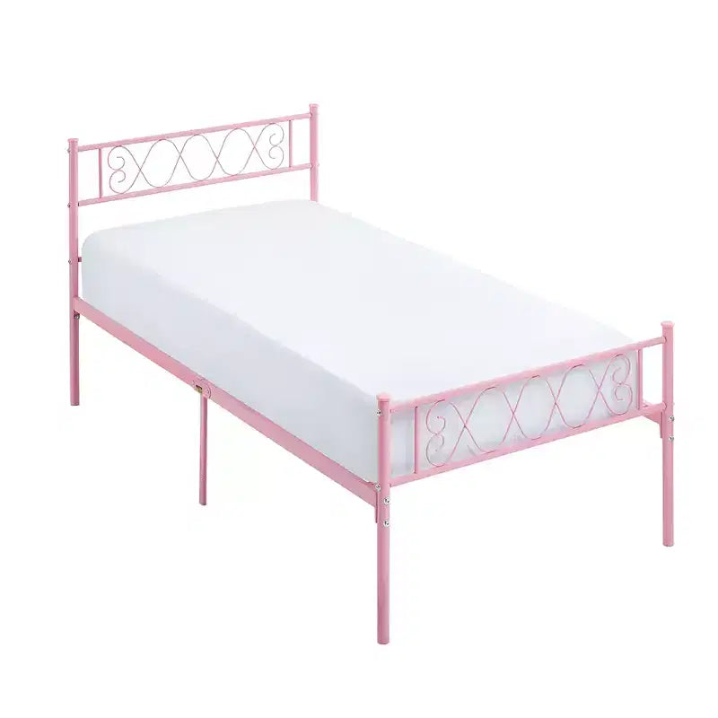 Metal Twin Size Bed Frame, Platform Bed Frame, Mattress Foundation with Headboard & Footboard, NO Box Spring Needed, Easy Assembly, Pink