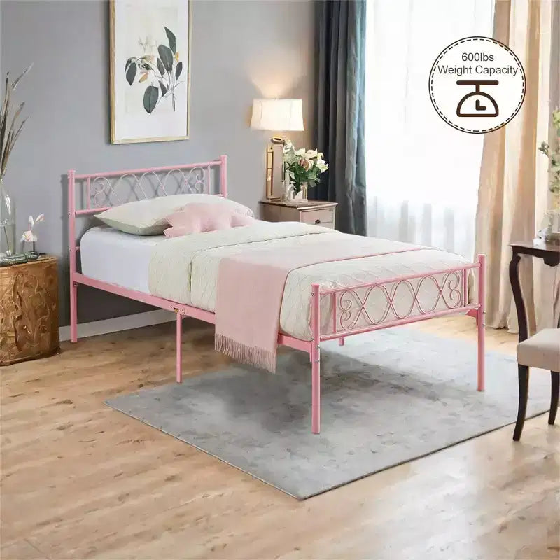 Metal Twin Size Bed Frame, Platform Bed Frame, Mattress Foundation with Headboard & Footboard, NO Box Spring Needed, Easy Assembly, Pink