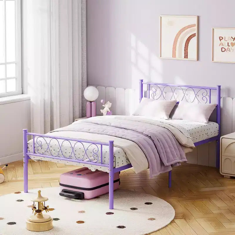 Metal Twin Size Bed Frame, Platform Bed Frame, Mattress Foundation with Headboard & Footboard, NO Box Spring Needed, Easy Assembly, Pink