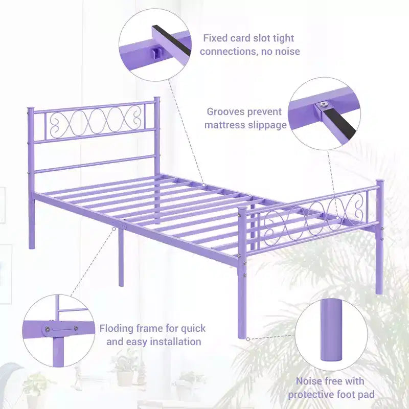 Metal Twin Size Bed Frame, Platform Bed Frame, Mattress Foundation with Headboard & Footboard, NO Box Spring Needed, Easy Assembly, Pink