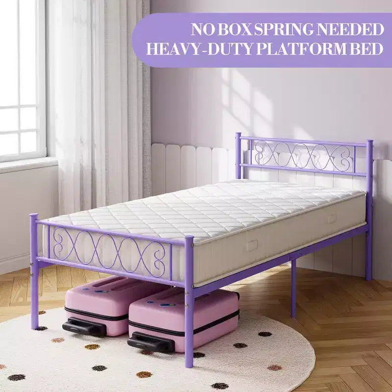 Metal Twin Size Bed Frame, Platform Bed Frame, Mattress Foundation with Headboard & Footboard, NO Box Spring Needed, Easy Assembly, Pink