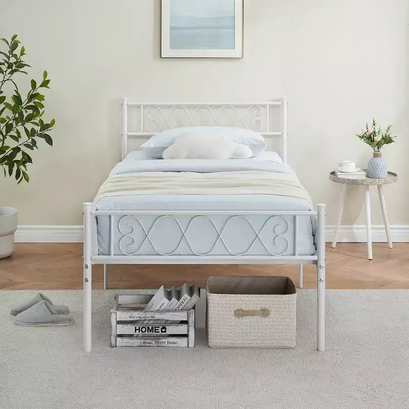 Metal Twin Size Bed Frame, Platform Bed Frame, Mattress Foundation with Headboard & Footboard, NO Box Spring Needed, Easy Assembly, Pink