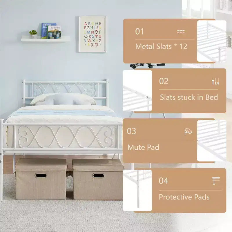 Metal Twin Size Bed Frame, Platform Bed Frame, Mattress Foundation with Headboard & Footboard, NO Box Spring Needed, Easy Assembly, Pink