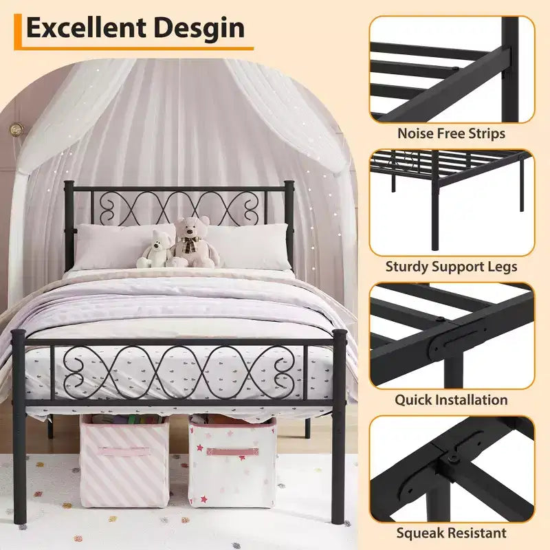 Metal Twin Size Bed Frame, Platform Bed Frame, Mattress Foundation with Headboard & Footboard, NO Box Spring Needed, Easy Assembly, Pink