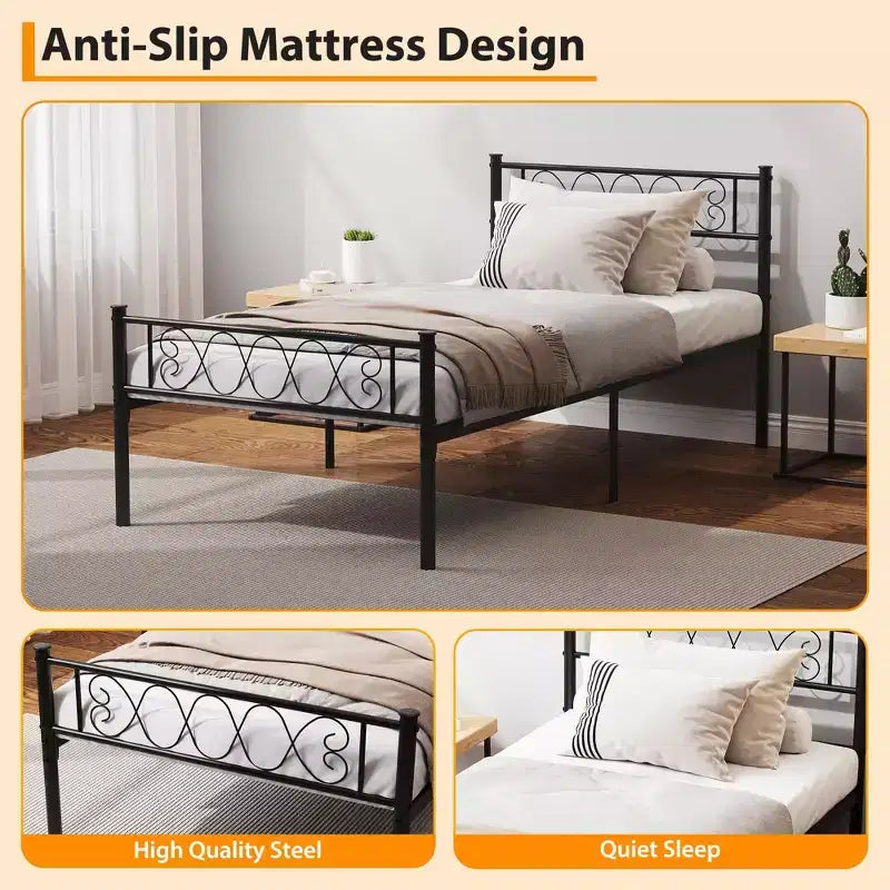 Metal Twin Size Bed Frame, Platform Bed Frame, Mattress Foundation with Headboard & Footboard, NO Box Spring Needed, Easy Assembly, Pink