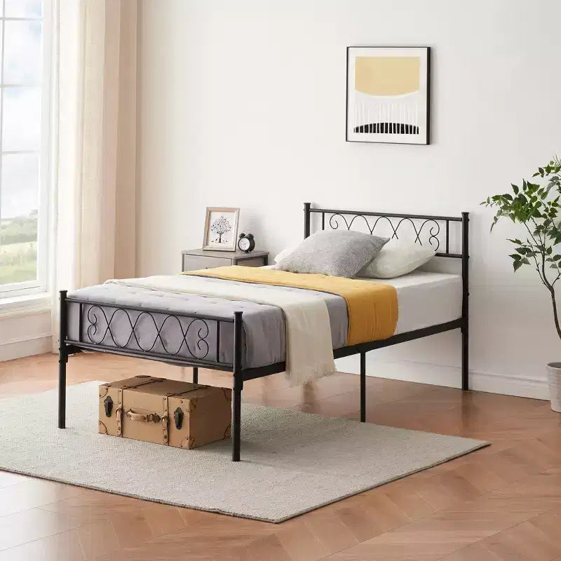 Metal Twin Size Bed Frame, Platform Bed Frame, Mattress Foundation with Headboard & Footboard, NO Box Spring Needed, Easy Assembly, Pink
