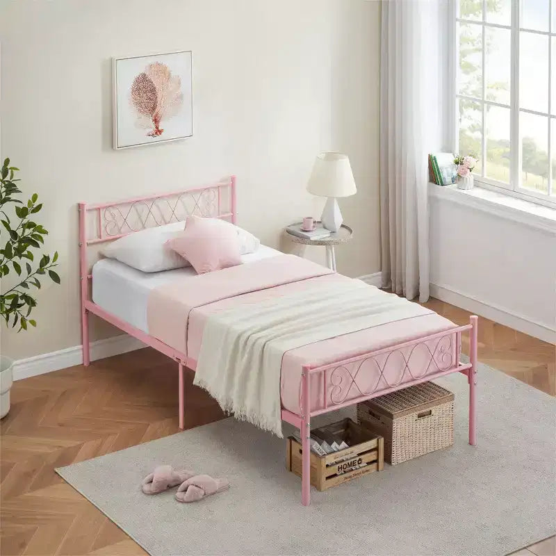 Metal Twin Size Bed Frame, Platform Bed Frame, Mattress Foundation with Headboard & Footboard, NO Box Spring Needed, Easy Assembly, Pink
