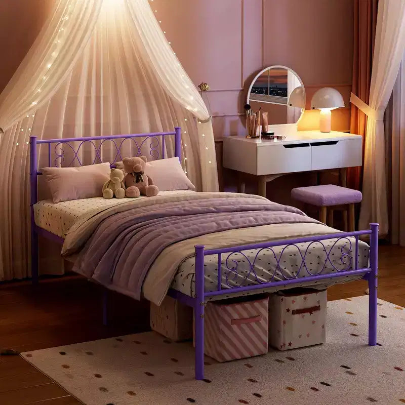 Metal Twin Size Bed Frame, Platform Bed Frame, Mattress Foundation with Headboard & Footboard, NO Box Spring Needed, Easy Assembly, Pink