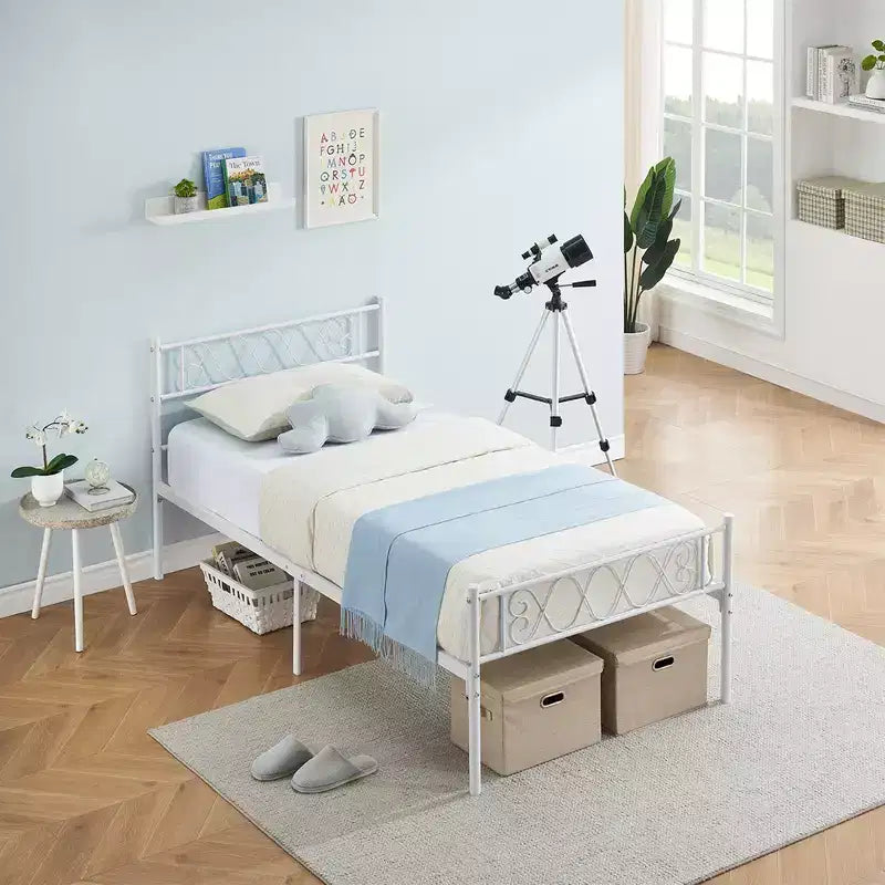 Metal Twin Size Bed Frame, Platform Bed Frame, Mattress Foundation with Headboard & Footboard, NO Box Spring Needed, Easy Assembly, Pink