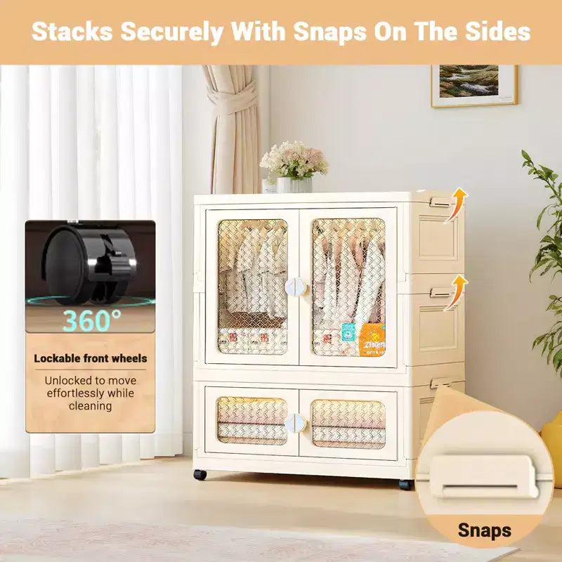 COZONY 2-Tier Storage Wardrobe w/ Transparent Doors & Rolling Bins for Home Organization