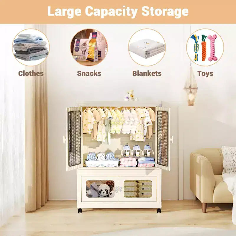 COZONY 2-Tier Storage Wardrobe w/ Transparent Doors & Rolling Bins for Home Organization