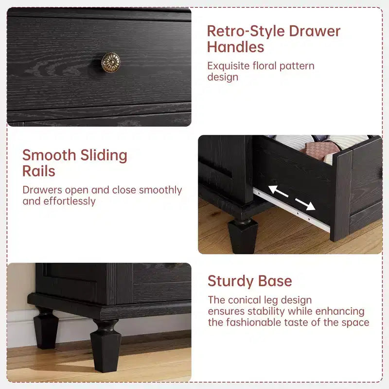 Commode à 6 tiroirs pour chambre, commode vintage avec poignées sculptées, table de chevet étroite de 119 cm de hauteur, organisateur de commode en bois pour entrée, marron clair