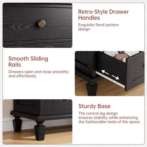 Commode à 6 tiroirs pour chambre, commode vintage avec poignées sculptées, table de chevet étroite de 119 cm de hauteur, organisateur de commode en bois pour entrée, marron clair