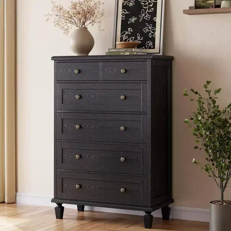 Commode à 6 tiroirs pour chambre, commode vintage avec poignées sculptées, table de chevet étroite de 119 cm de hauteur, organisateur de commode en bois pour entrée, marron clair