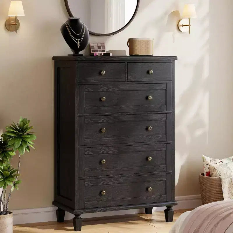 Commode à 6 tiroirs pour chambre, commode vintage avec poignées sculptées, table de chevet étroite de 119 cm de hauteur, organisateur de commode en bois pour entrée, marron clair