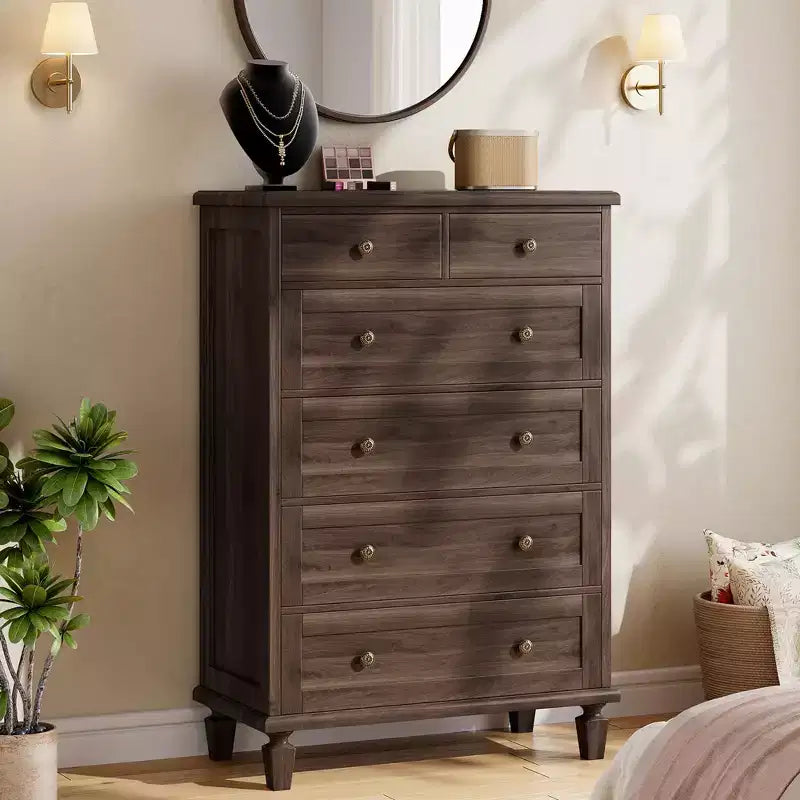 Commode à 6 tiroirs pour chambre, commode vintage avec poignées sculptées, table de chevet étroite de 119 cm de hauteur, organisateur de commode en bois pour entrée, marron clair
