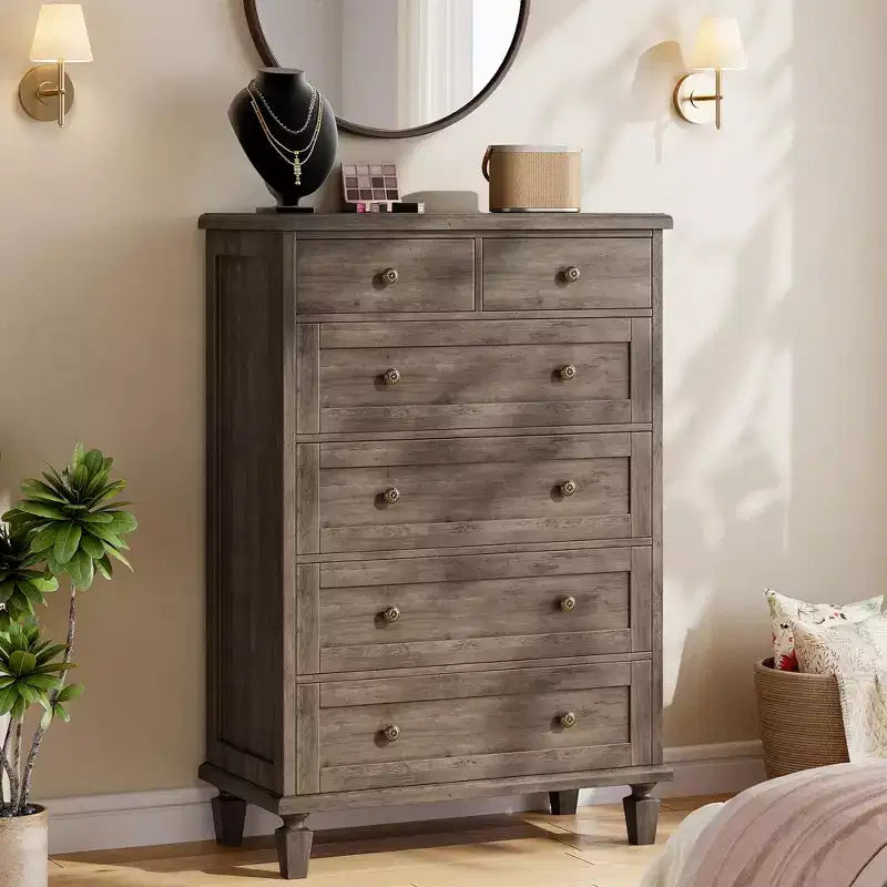 Commode à 6 tiroirs pour chambre, commode vintage avec poignées sculptées, table de chevet étroite de 119 cm de hauteur, organisateur de commode en bois pour entrée, marron clair