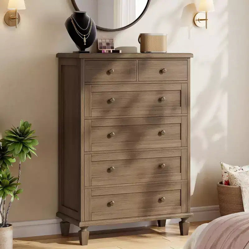 Commode à 6 tiroirs pour chambre, commode vintage avec poignées sculptées, table de chevet étroite de 119 cm de hauteur, organisateur de commode en bois pour entrée, marron clair