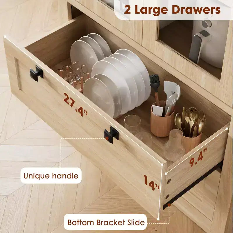 Garde-manger moderne de style ferme de 72 po – Armoire de rangement haute avec portes vitrées, 2 tiroirs et étagères réglables pour salle à manger et salon