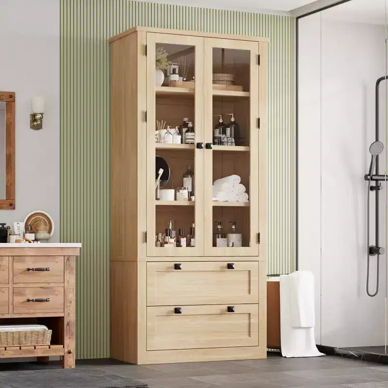 Garde-manger moderne de style ferme de 72 po – Armoire de rangement haute avec portes vitrées, 2 tiroirs et étagères réglables pour salle à manger et salon