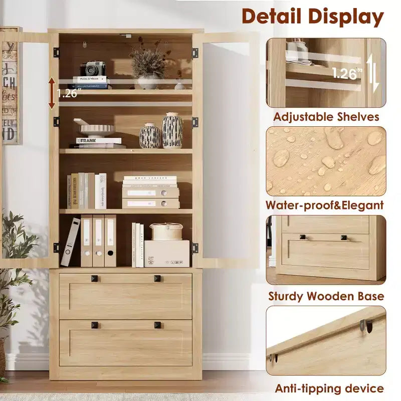 Garde-manger moderne de style ferme de 72 po – Armoire de rangement haute avec portes vitrées, 2 tiroirs et étagères réglables pour salle à manger et salon