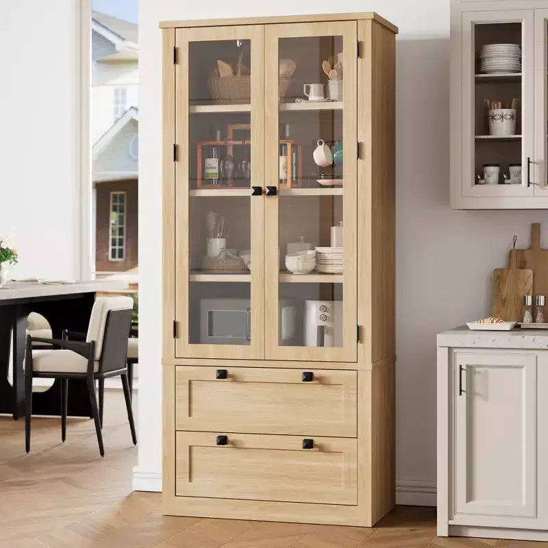 Garde-manger moderne de style ferme de 72 po – Armoire de rangement haute avec portes vitrées, 2 tiroirs et étagères réglables pour salle à manger et salon