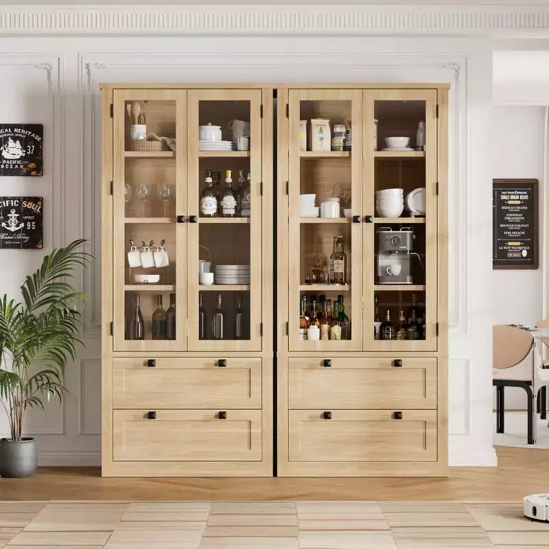 Garde-manger moderne de style ferme de 72 po – Armoire de rangement haute avec portes vitrées, 2 tiroirs et étagères réglables pour salle à manger et salon
