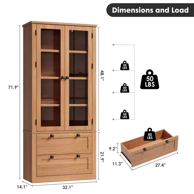 Garde-manger moderne de style ferme de 72 po – Armoire de rangement haute avec portes vitrées, 2 tiroirs et étagères réglables pour salle à manger et salon