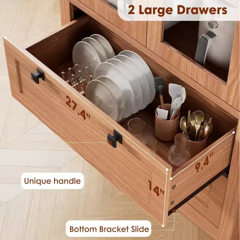 Garde-manger moderne de style ferme de 72 po – Armoire de rangement haute avec portes vitrées, 2 tiroirs et étagères réglables pour salle à manger et salon
