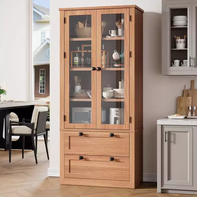 Garde-manger moderne de style ferme de 72 po – Armoire de rangement haute avec portes vitrées, 2 tiroirs et étagères réglables pour salle à manger et salon