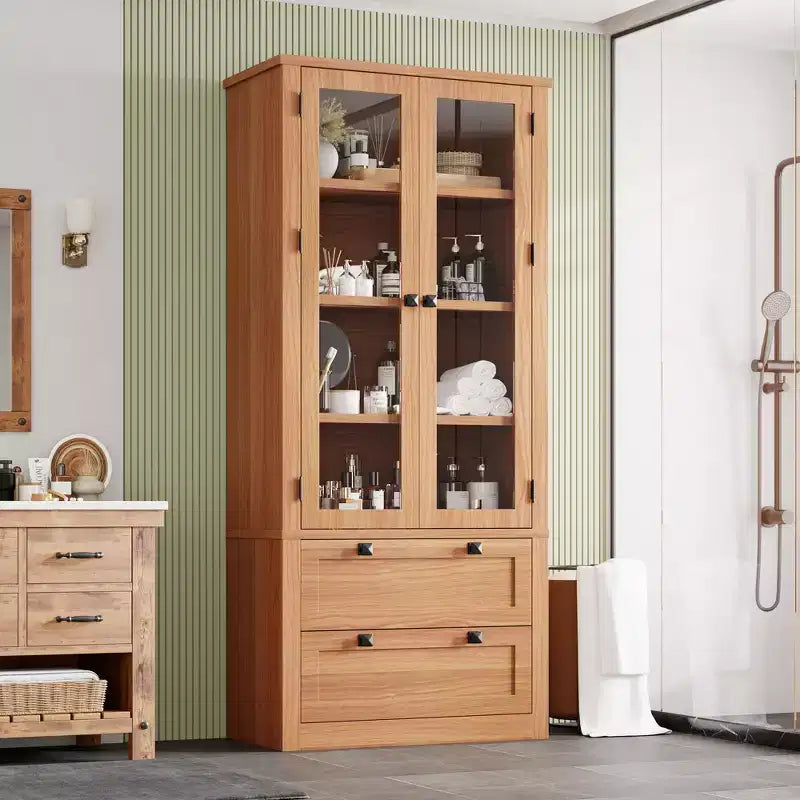 Garde-manger moderne de style ferme de 72 po – Armoire de rangement haute avec portes vitrées, 2 tiroirs et étagères réglables pour salle à manger et salon