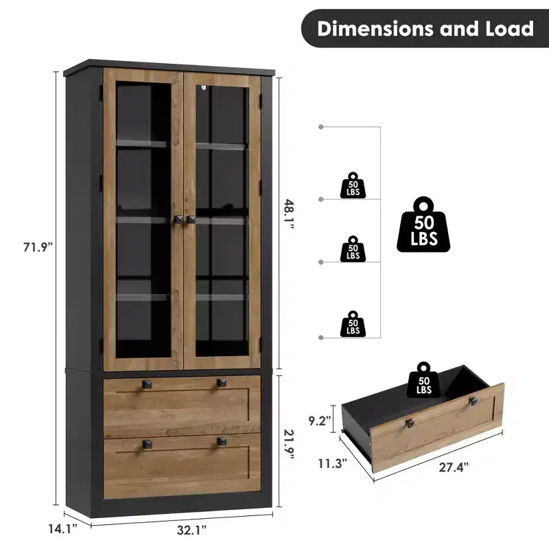 Garde-manger moderne de style ferme de 72 po – Armoire de rangement haute avec portes vitrées, 2 tiroirs et étagères réglables pour salle à manger et salon