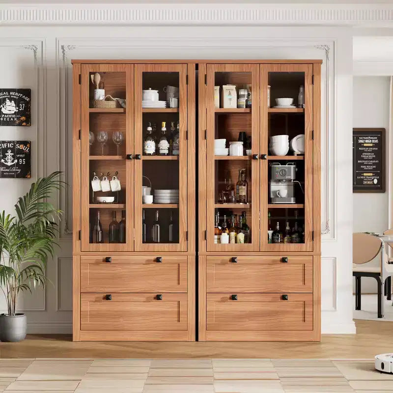 Garde-manger moderne de style ferme de 72 po – Armoire de rangement haute avec portes vitrées, 2 tiroirs et étagères réglables pour salle à manger et salon