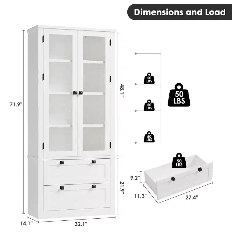 Garde-manger moderne de style ferme de 72 po – Armoire de rangement haute avec portes vitrées, 2 tiroirs et étagères réglables pour salle à manger et salon
