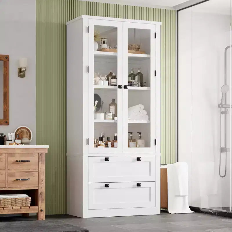 Garde-manger moderne de style ferme de 72 po – Armoire de rangement haute avec portes vitrées, 2 tiroirs et étagères réglables pour salle à manger et salon