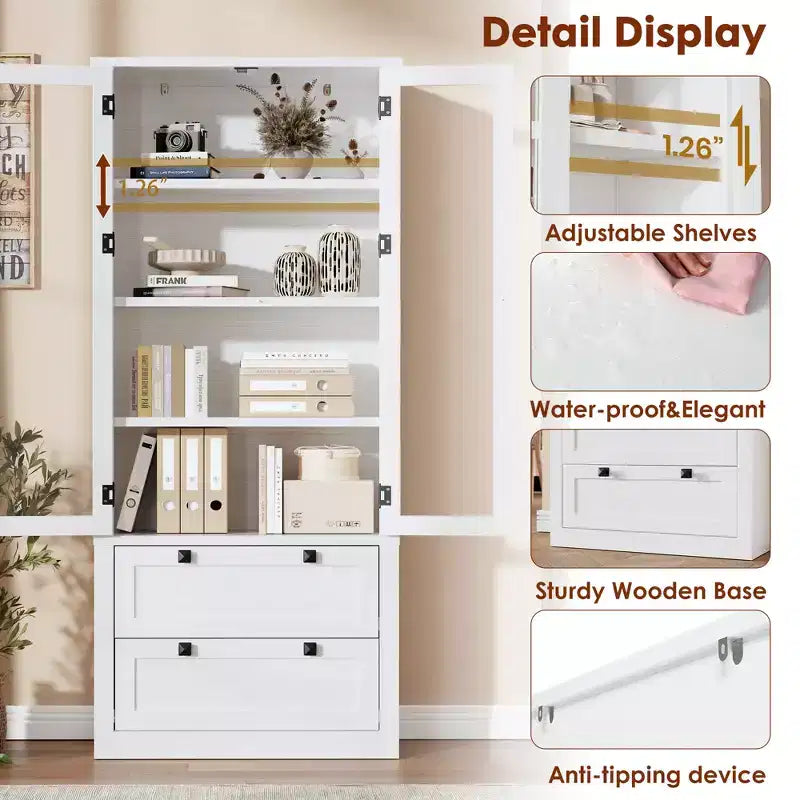 Garde-manger moderne de style ferme de 72 po – Armoire de rangement haute avec portes vitrées, 2 tiroirs et étagères réglables pour salle à manger et salon