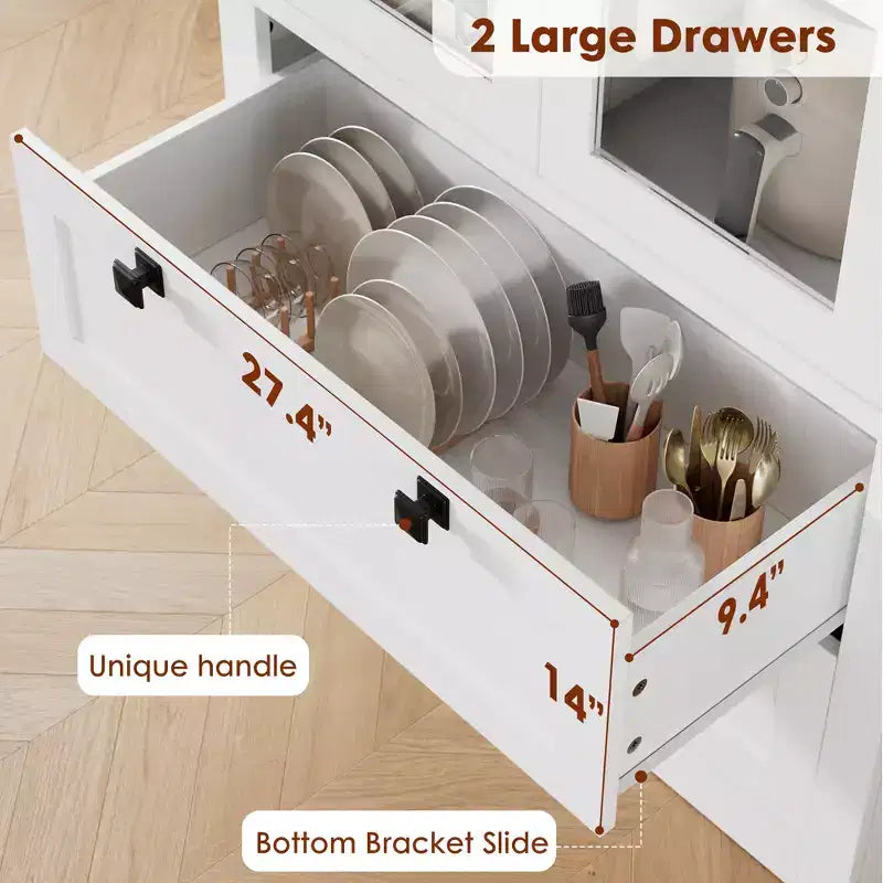 Garde-manger moderne de style ferme de 72 po – Armoire de rangement haute avec portes vitrées, 2 tiroirs et étagères réglables pour salle à manger et salon