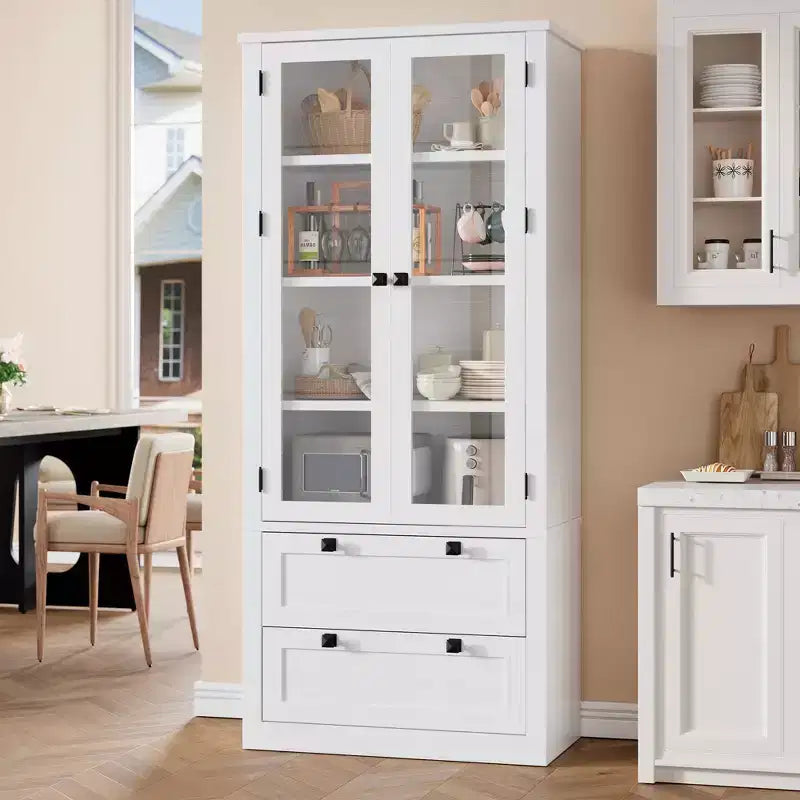 Garde-manger moderne de style ferme de 72 po – Armoire de rangement haute avec portes vitrées, 2 tiroirs et étagères réglables pour salle à manger et salon