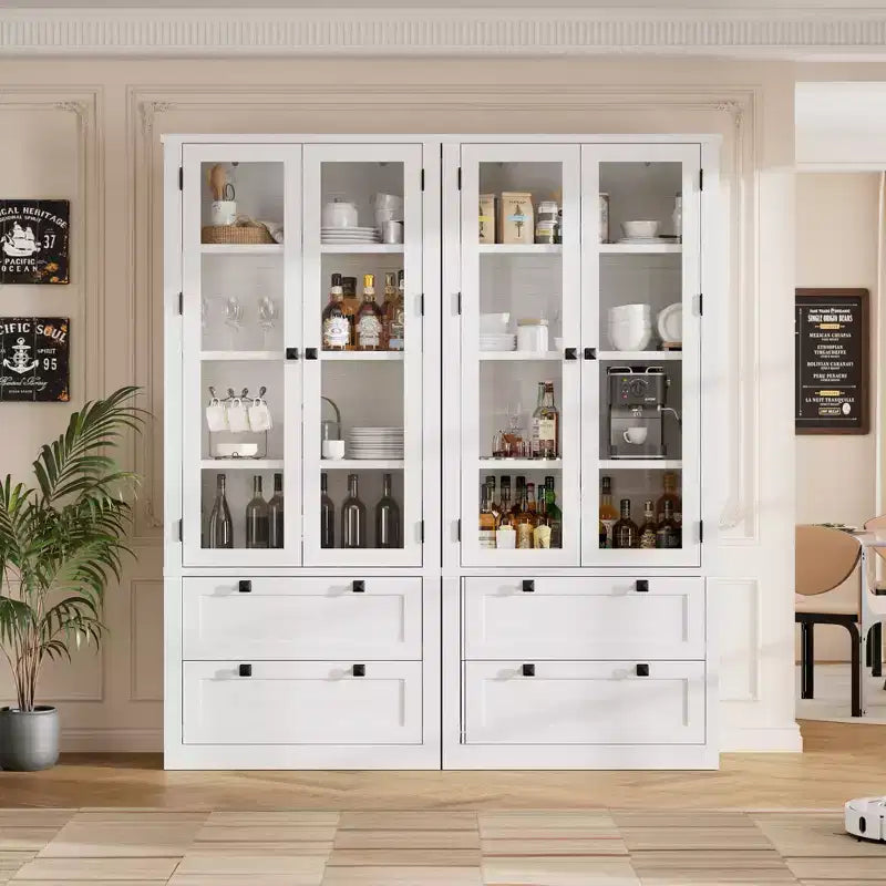 Garde-manger moderne de style ferme de 72 po – Armoire de rangement haute avec portes vitrées, 2 tiroirs et étagères réglables pour salle à manger et salon