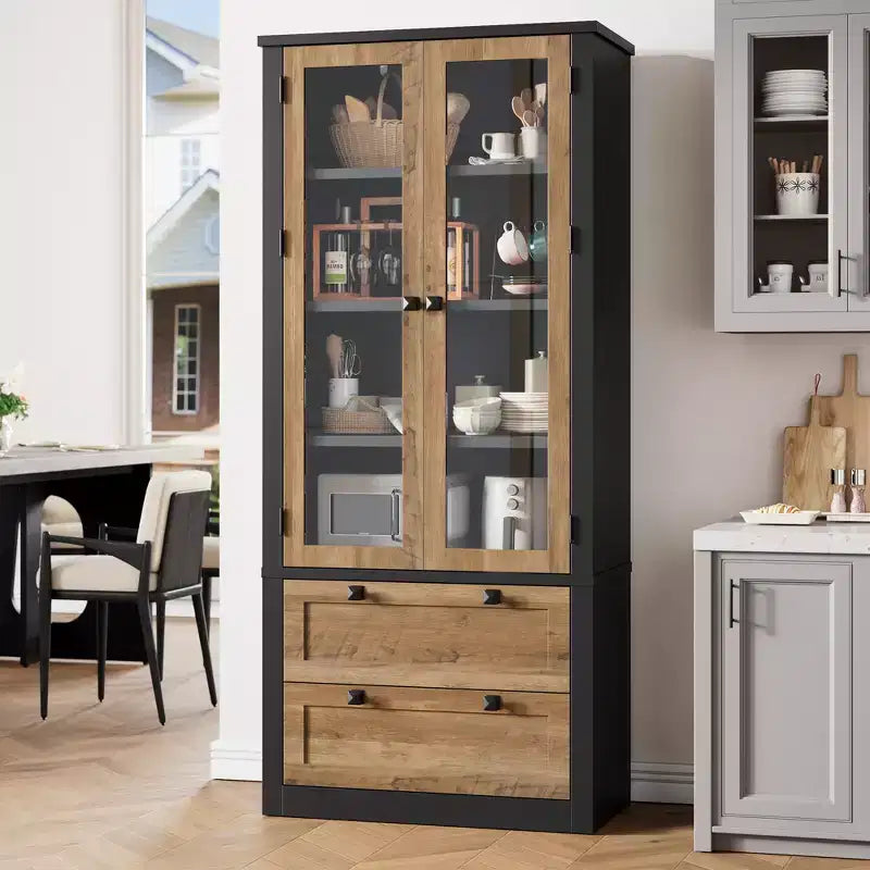 Garde-manger moderne de style ferme de 72 po – Armoire de rangement haute avec portes vitrées, 2 tiroirs et étagères réglables pour salle à manger et salon