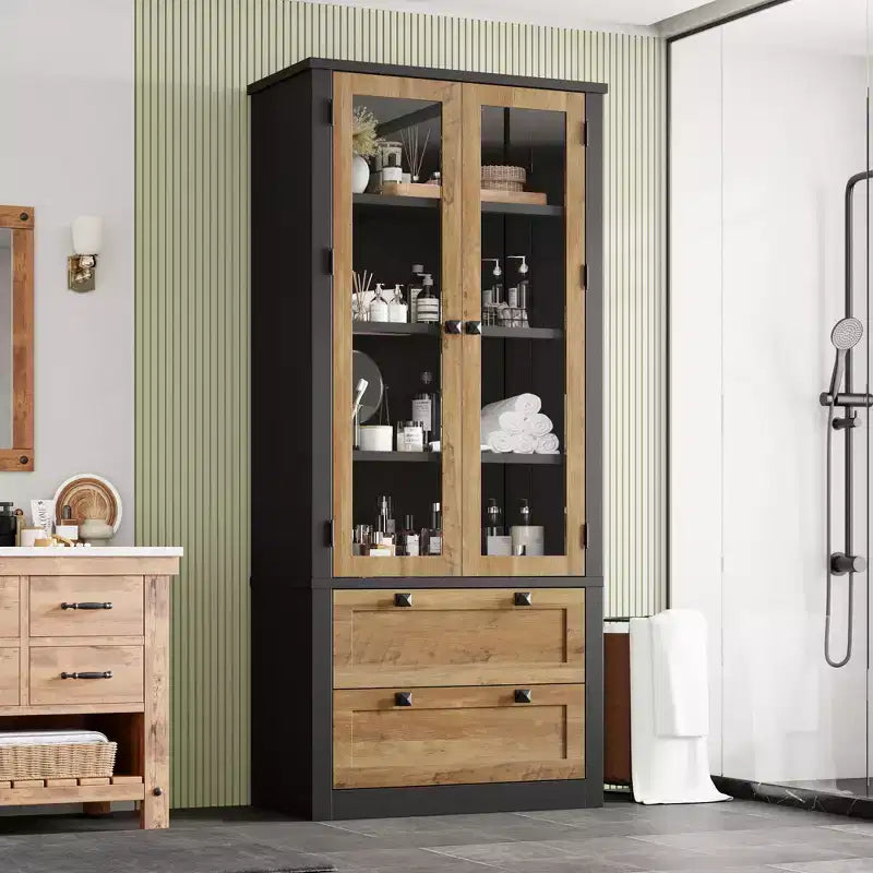 Garde-manger moderne de style ferme de 72 po – Armoire de rangement haute avec portes vitrées, 2 tiroirs et étagères réglables pour salle à manger et salon