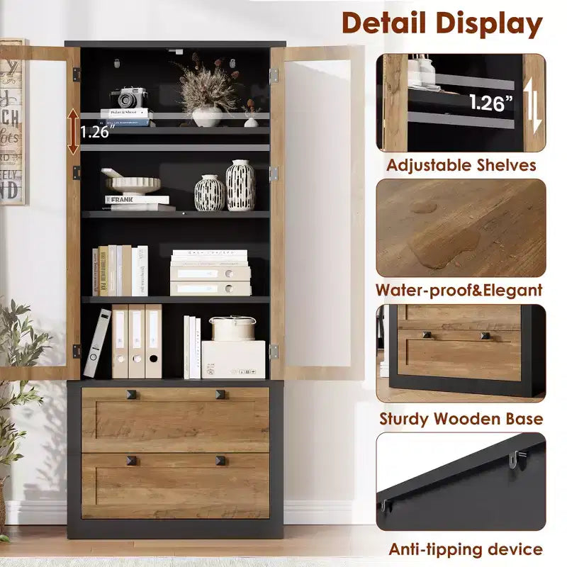 Garde-manger moderne de style ferme de 72 po – Armoire de rangement haute avec portes vitrées, 2 tiroirs et étagères réglables pour salle à manger et salon