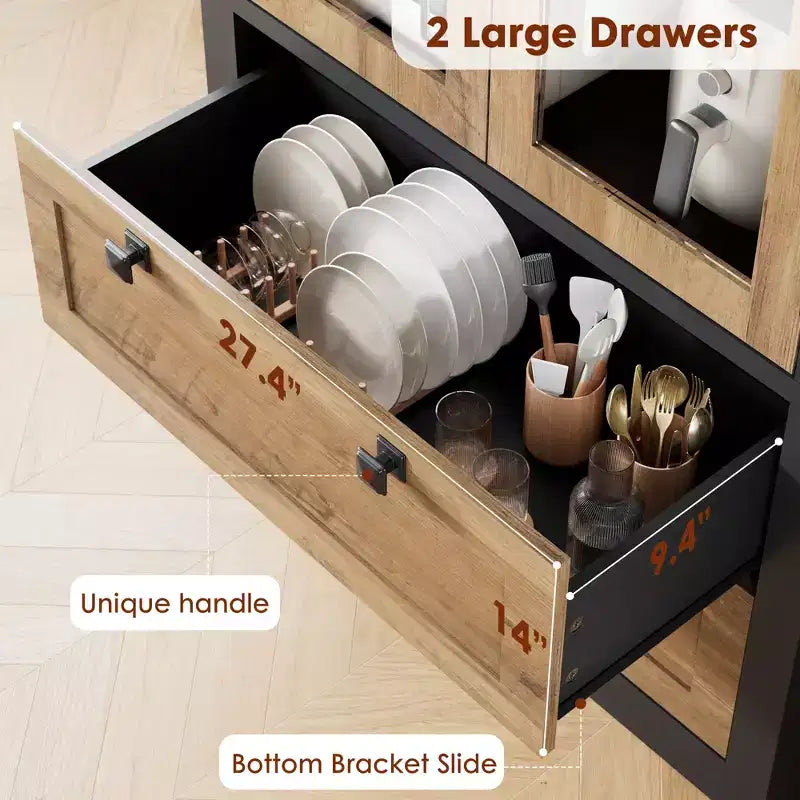 Garde-manger moderne de style ferme de 72 po – Armoire de rangement haute avec portes vitrées, 2 tiroirs et étagères réglables pour salle à manger et salon