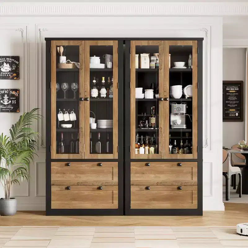 Garde-manger moderne de style ferme de 72 po – Armoire de rangement haute avec portes vitrées, 2 tiroirs et étagères réglables pour salle à manger et salon